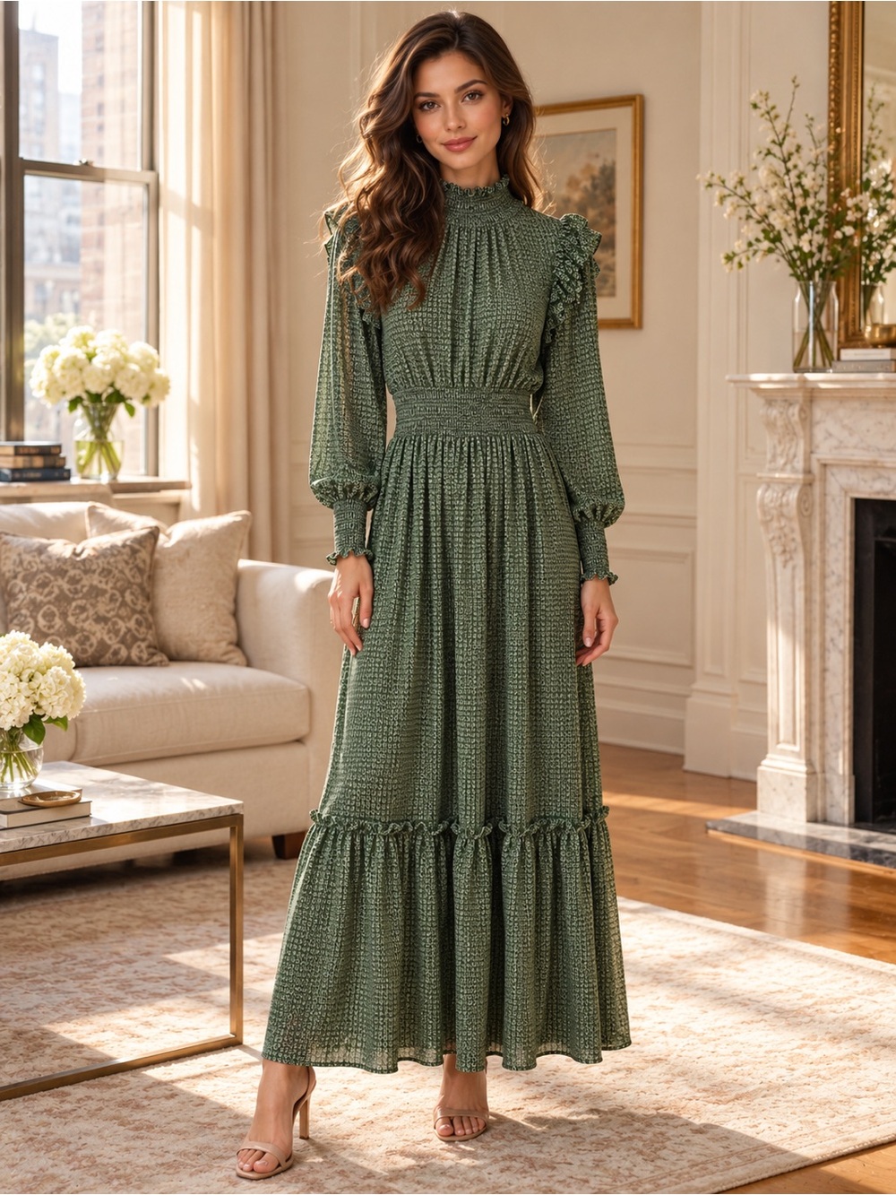Max Studio Green Smocked Tiered Maxi Dress XS